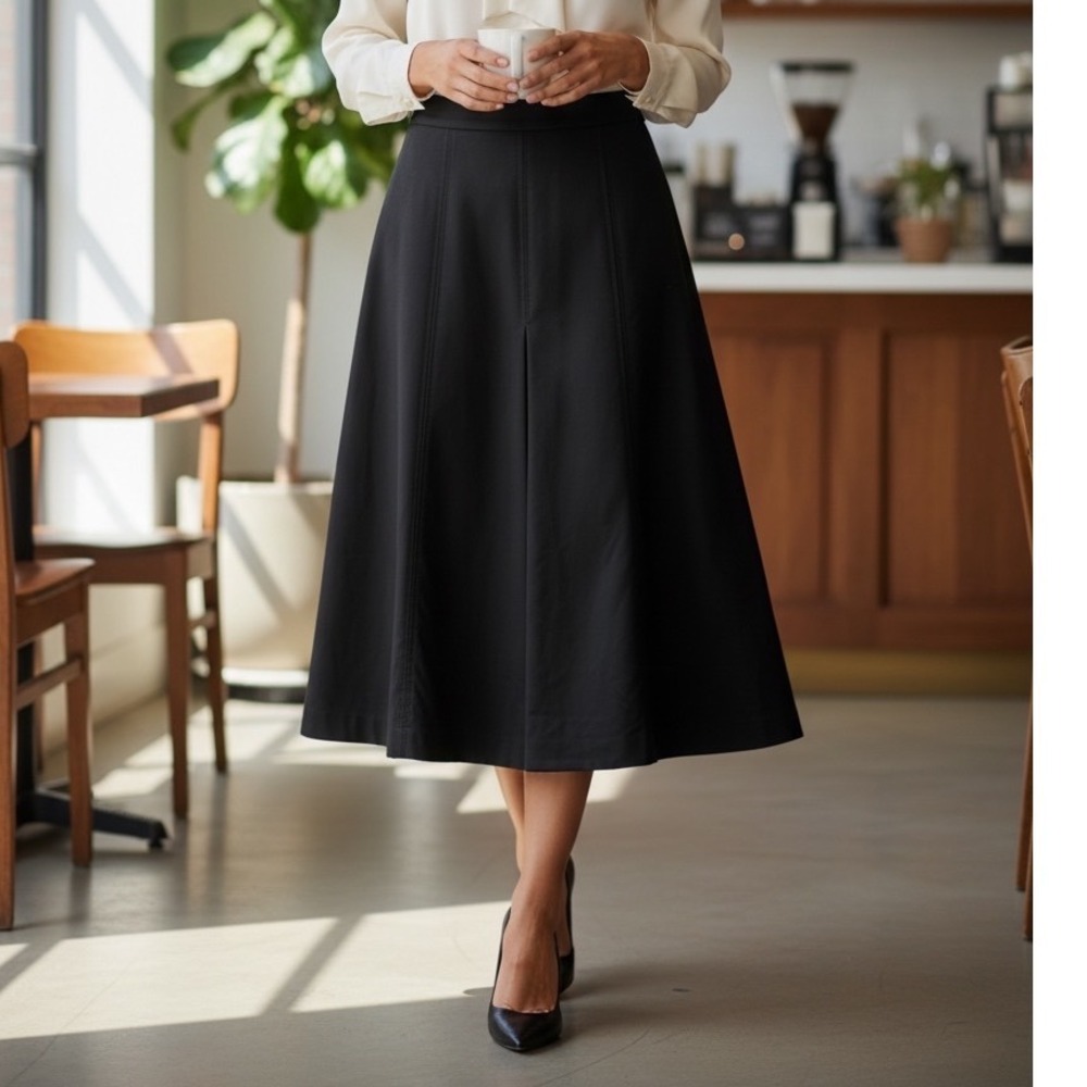 Iris & Ink Deep Navy (Black)‎ Wool Blend A-Line Midi Skirt Womens Sz 12 Office